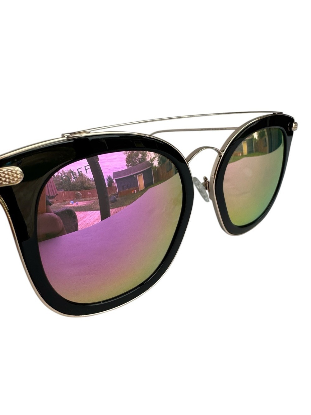 Diff Zoey Polarized Pink Sunglasses Mirror Gold Tone Metal Black Round Thin